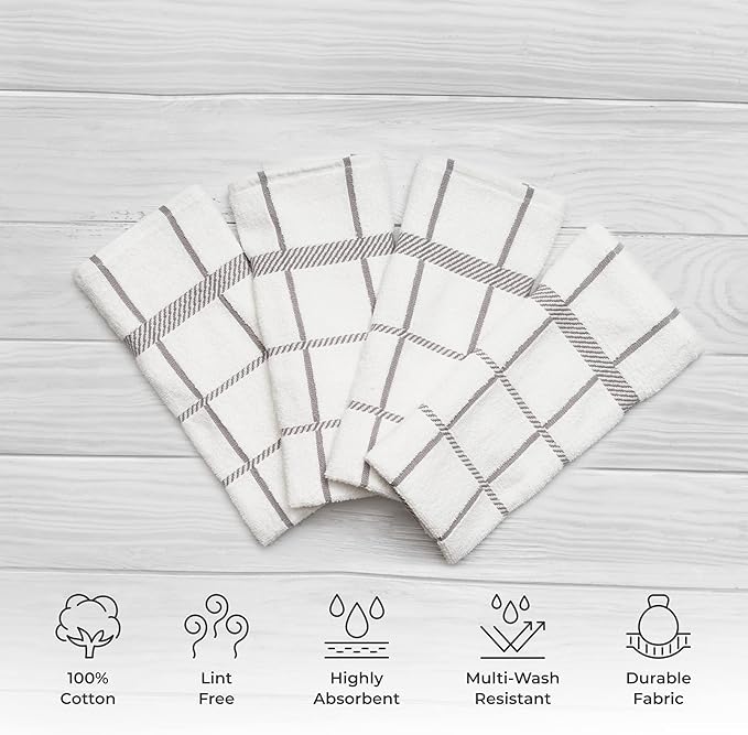 100% Cotton Terry Dish Towels, 4 Pack Checks, 16 x26 Inches, Super Soft and Absorbent Kitchen Towels, Perfect for Kitchen Cleaning and Dish Washing | Light Gray