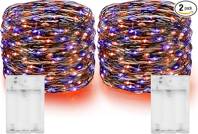 Dazzle Bright Purple and Orange Fairy String Lights, 2 Pack Total 40FT 120 LED Copper Wire Battery Operated Waterproof Lights, Halloween Decorations for Indoor Home Outdoor Patio Yard Party Decor