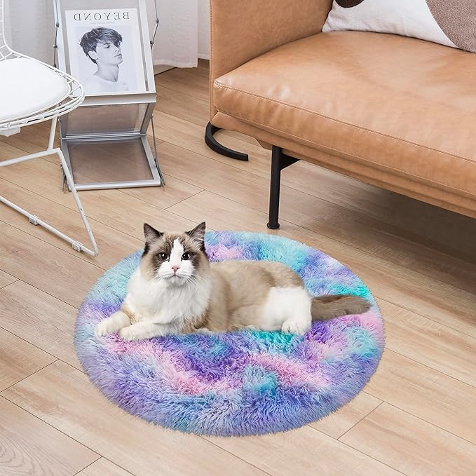 Tie Dye Rainbow Round Rugs Small 2x2 ft Fluffy Circle Rug Furry Carpet Shaggy Circular Fuzzy Plush Area Rug for Girls Bedroom Kids Room Nursery Cute Room Decor Chair Cushion Pet mat Doormat