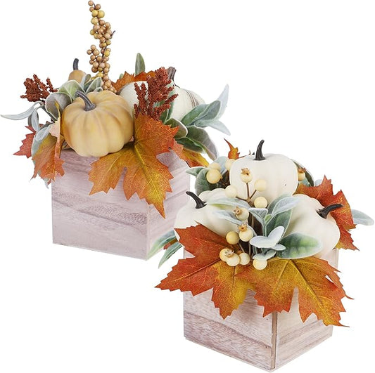 winemana 2 Pack Fall Decorations for Home - Artificial Pumpkin, Gourd, Berries & Leaves in Wood Vase | Autumn Table Centerpiece for Dining, Mantel, Indoors
