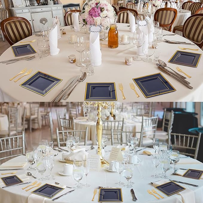 WDF 200PCS Blue Plastic Dessert Plates with Plastic Forks -6’’ 100 Square Disposable Appetizer Plates Small Cake Plates with Gold&100 Navy Blue Small Appetizer Forks