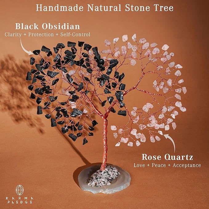 Crystal Tree for Home and Office Decoration, Black Obsidian & Rose Quartz Healing Stones Handmade Tree of Life for Positive Energy, Money, Good Luck, Christmas Decor, Birthday Gifts for Women, Mom