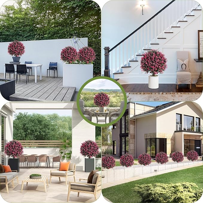 Artificial Rose Boxwood Topiary Ball Bush for Outdoor with Spike, Set of 2 UV Resistant Faux Boxwood Ball Tree with Stake Weatherproof Fake Round Topiary Shrub Plant for Front Porch