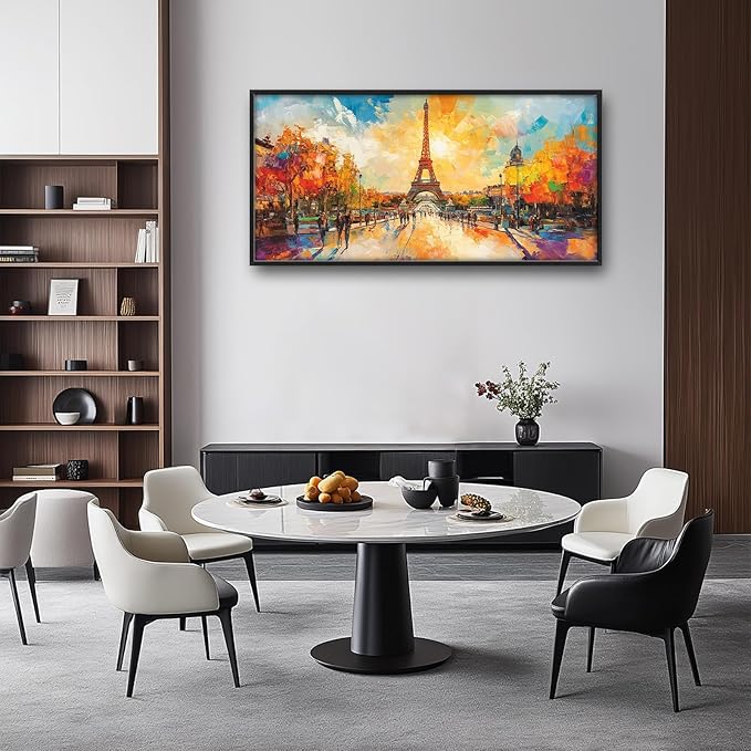 Framed Large Eiffel Tower Wall Art for Living Room, Oversized Paris City Street Landscape Wall Decor, Colorful Sunrise Canvas Painting Modern Artwork for Living Room Bedroom Office 60"x30"