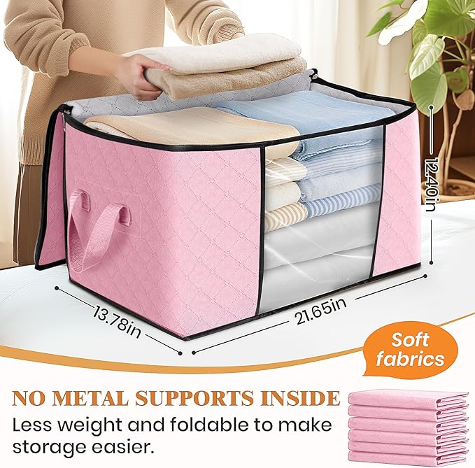 Fab totes 10 Pack Clothes Storage, Foldable Thick Fabric Blanket Storage Bags, Containers for Organizing Bedroom, Closet, Clothing, Comforter,Organization with Handle,Pink