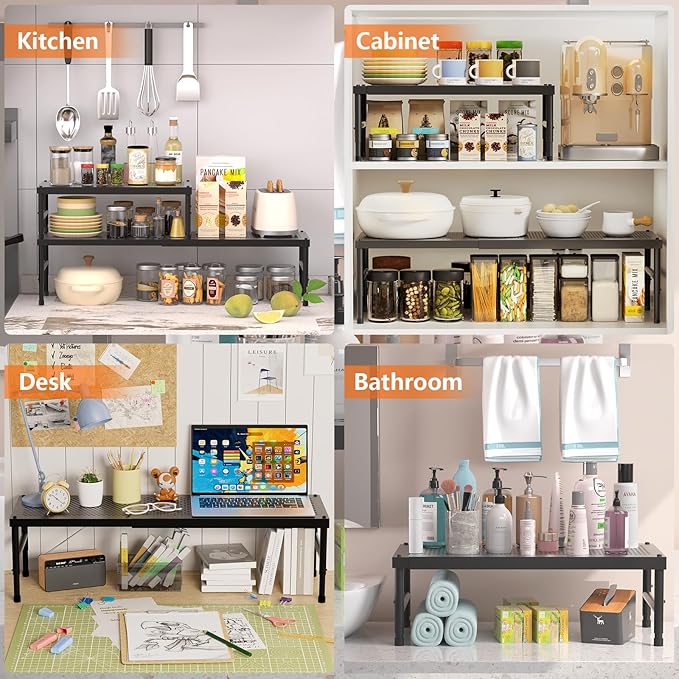 Expandable adjustable stackable kitchen organizer,Spice Racks,Counter Shelf for Cabinets,Small Cupboard Organizers,Heavy Duty Metal Pantry Storage Shelves Racks for kitchen, cabinet, study, bathroom