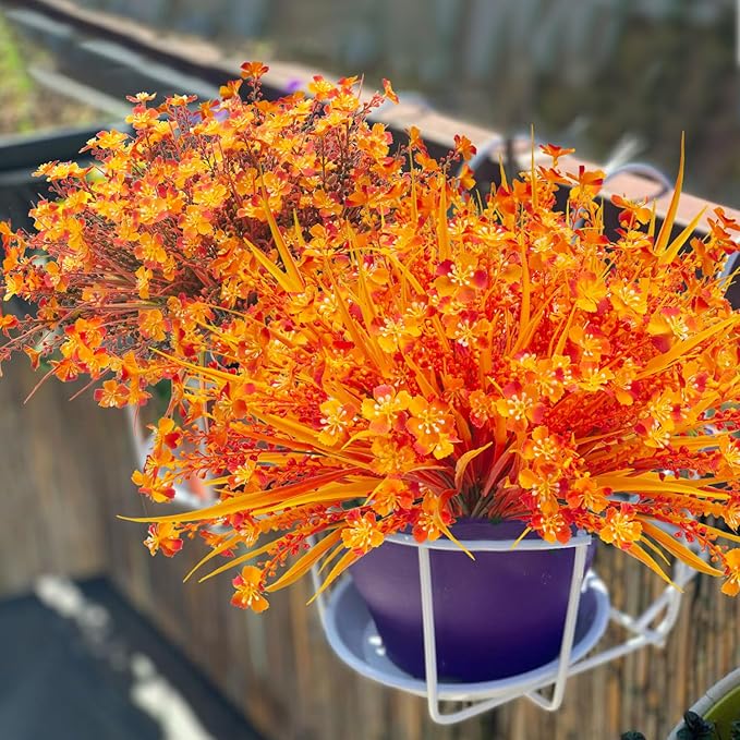 12 Bundles Artificial Fall Flowers for Outdoors Fake Plants UV Resistant Plastic Plants Shrubs Bushes for Home Fall Front Door Porch Garden Autumn Decor (Fall Orange)