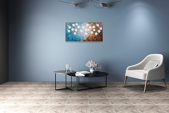 Yihui Arts Flower Painting Hand Painted 3D Brown Light Blue White Canvas Wall Art Giant Contemporary Plant Pictures for Bedroom Living Room Dinning Decoration