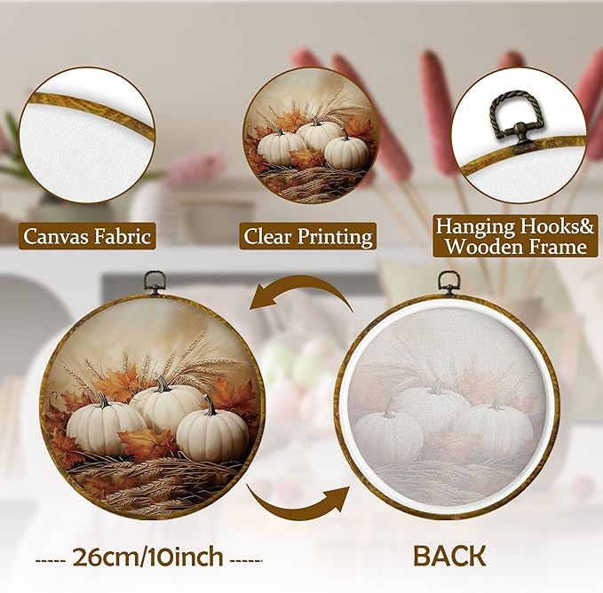 Mcehtle Rustic Fall White Pumpkin Wall Art Decor, Rustic Autumn Pumpkin Maple Leaf Framed Canvas Prints 10x10, Farmhouse Fall Round Wall Hanging Artwork Decorations for Bedroom Living Room Home