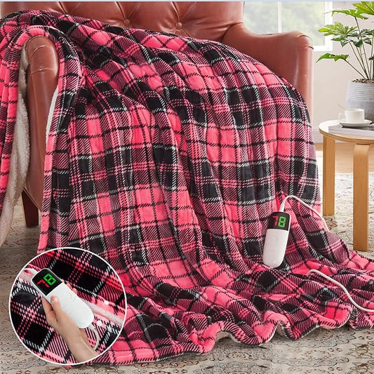 OCTROT Heated Blanket Electric, Twin Size 62X84, Heating Blanket with 10 Heating Levels & 8 Hours Auto Off, Pink Plaid Checkered Plaid Sherpa Blankets Warmer for Adults, Fast Heating Washable, ETL