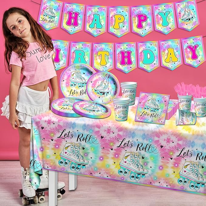 Roller Skating Party Supplies - 142Pcs Roller Skate Party Tableware Include Plates,Napkins,Cups,Banner,Tablecloth Let's Roll Birthday Decorations for Girl(20 Guests)