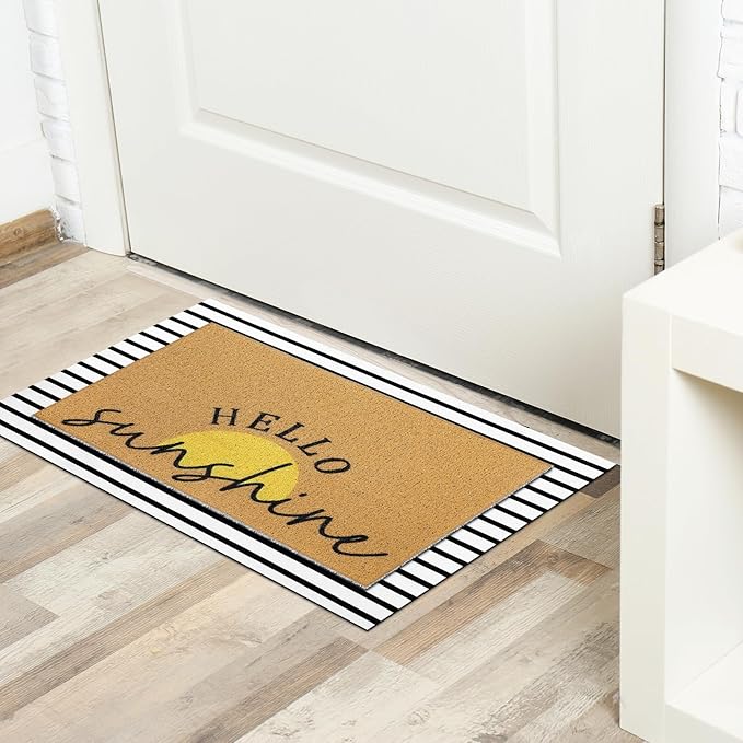 2 Pcs Door Mat Yellow Welcome Non Slip Coir Mats Stripe Floor Layering Doormats Seasonal for Front Porch Entryway Decor(Sunshine)