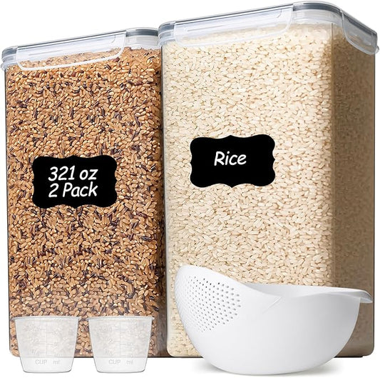 ComSaf Rice Container Set of 2(9.5L/321OZ), Large Airtight Food Storage Containers with Lid and Rice Washer, Plastic Canisters Sets for The Kitchen, Pantry Organizers for Flour, Cereal and Cooking