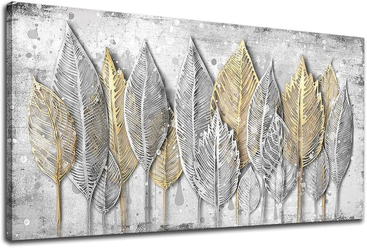NINEASO Abstract Leaves Wall Art - Modern Aesthetic Nature Pictures Wall Decor Elegant Leaf Painting Grey White Splash Drops Canvas Print Natural Beauty Artwork for Living Room Bedroom 20" x 40"