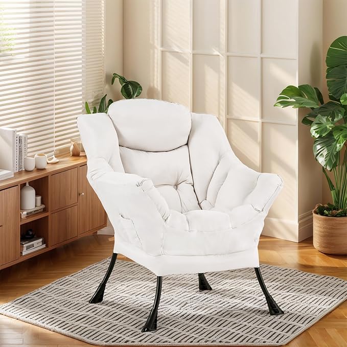 Lazy Chair for Living Room, Modern Accent Chairs with Armrests, Comfy Lounge Chair with Side Pocket, Cozy Lazy Sofa for Reading, Balcony, Bedroom, Dorm, Small Spaces (Beige)
