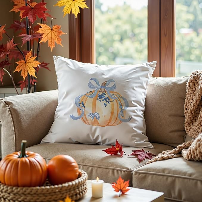 Blue Chinoiserie Pumpkin Fall Pumpkin Pillow Covers 18x18, Preppy Fall Decor, Grandmillennial Floral Pumpkin Autumn Decorative Throw Pillow Covers for Girls Room Home Bedroom Living Room