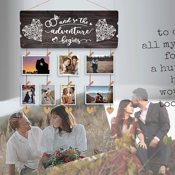 Yudarte Bridal Shower Gift for Bride - Wedding Engagement Gifts for Women Bride to Be - Couples Wall Picture Hanging Collage Board with Clips and Twine 15.8x6.0 Inches