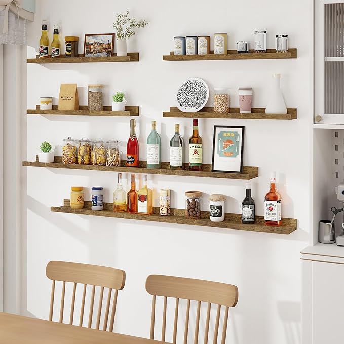 Axeman Picture Ledge Shelf, Floating Shelves for Wall Decor Set of 6, 55 inch Floating Wall Mounted Shelves, Shelves with Lip for Living Room, Bedroom, Nursery, Bathroom, Kitchen, Rustic Brown