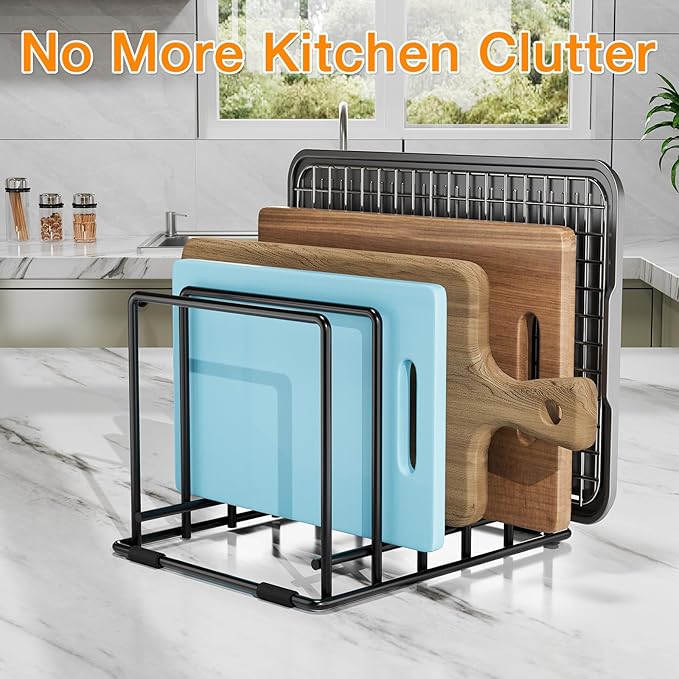 Baking Sheet Organizer Rack โ 5-Slot Bakeware & Cookie Tray Holder for Kitchen Cabinet or Countertop, Compact Stainless Steel Cutting Board Rack with Rust-Resistant Frame & Anti-Slip Feet