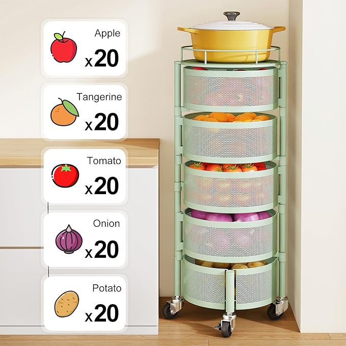 SNTD Fruit and Vegetable Basket Bowls for Kitchen with Metal Top Lid, 5 Tier Rotating Storage Rack Cart for Potato Onion Bread Banana, Wire Basket Organizer on Wheels, Large (Green)