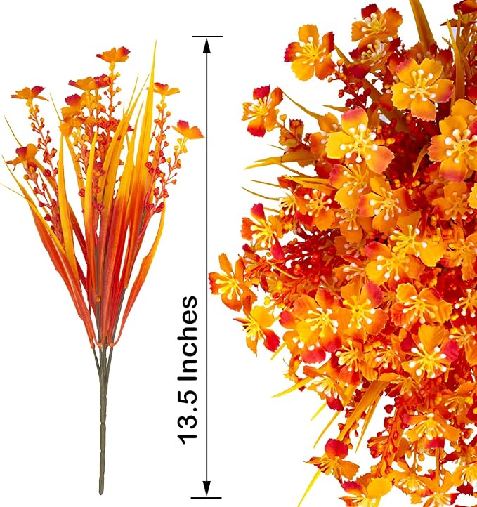 12 Bundles Artificial Fall Flowers for Outdoors Fake Plants UV Resistant Plastic Plants Shrubs Bushes for Home Fall Front Door Porch Garden Autumn Decor (Fall Orange)