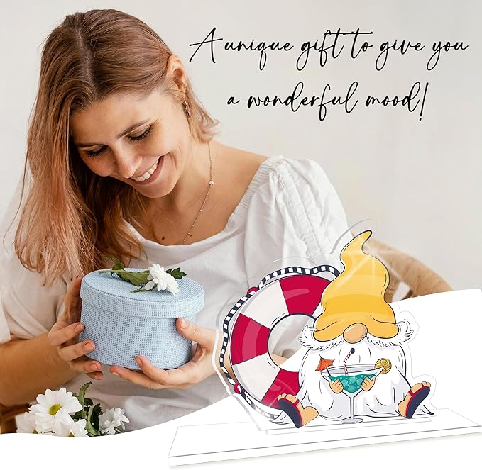 Hello Summer Acrylic Sign - Beach Gnomes Summer Acrylic Plaque - Seasonal Welcome Tabletop Decoration Sign Favors For Friends Family - Home Desk Office Shelf Supplies & Decor-A04