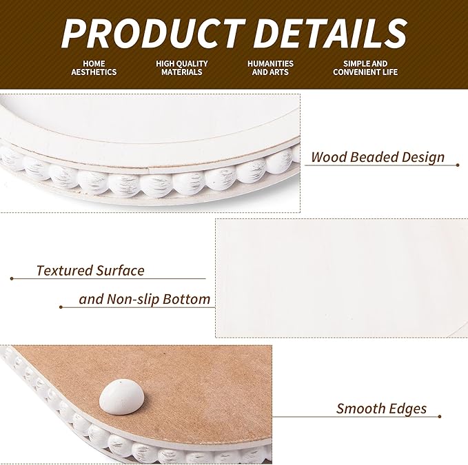 HPC Decor 15in Oval Wooden Tray - White Beaded Serving Tray, Rustic Farmhouse Vintage Centerpiece, Kitchen & Living Room Decor