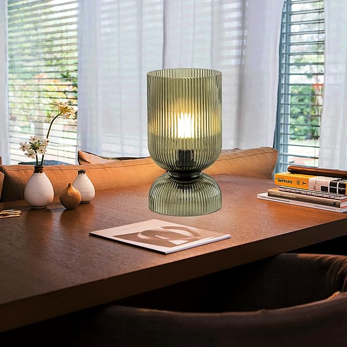 Modern RGB Glass Table Lamp with Remote,Color Changing Bedside Lamp with Green Glass Shade, 16 Colors, On/Off Cord Switch, Nightstand Lamp for Bedroom, Living Room, Office,Bulb Included