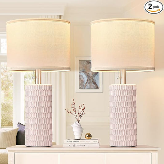 Table Lamps for Living Room Set of 2, Ceramic Table Lamps for Bedroom, 20" Modern Lamps for Night Stands, Pink