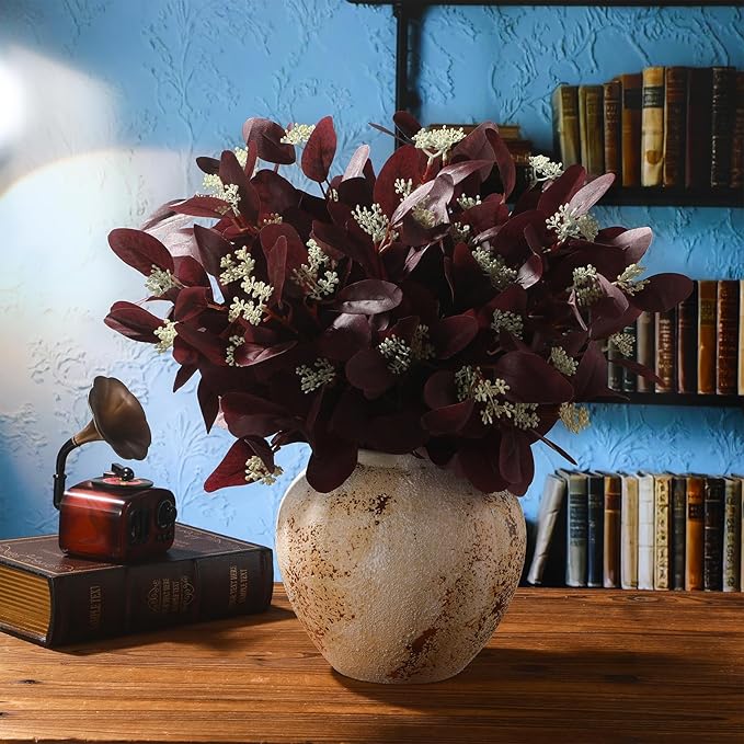 20 Pcs Fall Artificial Eucalyptus Stems 20" Burgundy Silk Fake Eucalyptus Leaves with Berries Fresh Dried Fall Greenery Stems Burgundy Plant Arrangement for Autumn Wedding Vase Table Centerpiece Decor