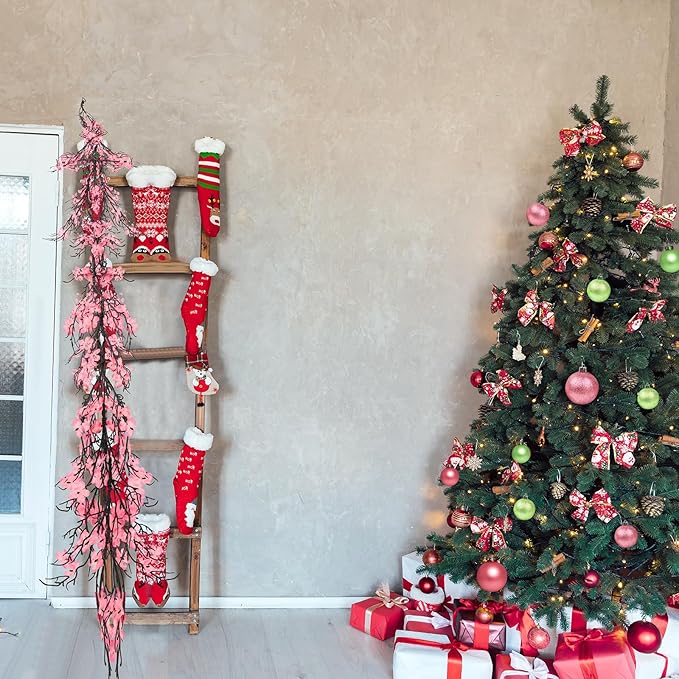 Zeyune 1 Pcs 6ft Long Christmas Witch and Princess Artificial Garland Pink and Green Peach Blossom with Dead Branches Garlands Decor for Front Door Kitchen Fireplace Home Indoor Outdoor