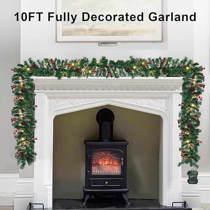 10FT Christmas Garland with 50 LED Lights - Pre-lit Outdoor Xmas Garland - Battery Powered Waterproof String Light with Timer - Pine Garland with Red Berries Snow Pine Cones - 10 Foot by 10 Inch