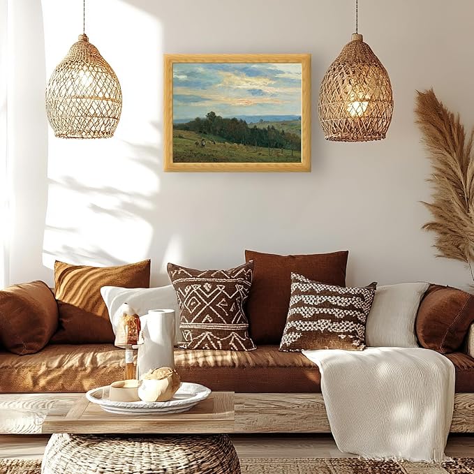 Brivoria Framed Canvas Wall Art Vintage Decor, Rustic Autumn Countryside Scene with Hillside Fields Farmers and Golden Sunset Sky for Living Room Bedroom Fireplace or Gallery Wall Display, 16"x20"