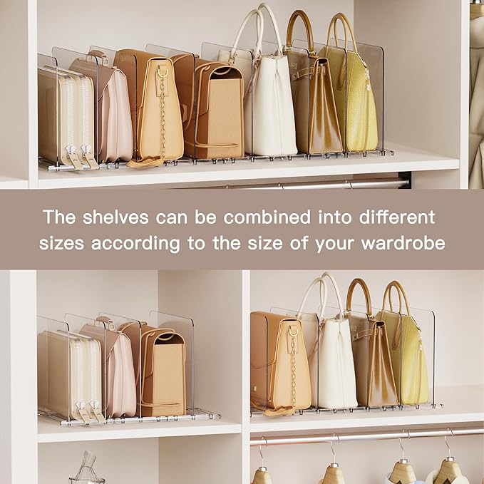 Criusia Adjustable Closet Purse Organizer Rack – 28.8" Extra-Long Shelf Divider with 6 Base Panels & 8 Dividers – Non-Slip Handbag Holder for Bags, Clothes, Kitchen, Office
