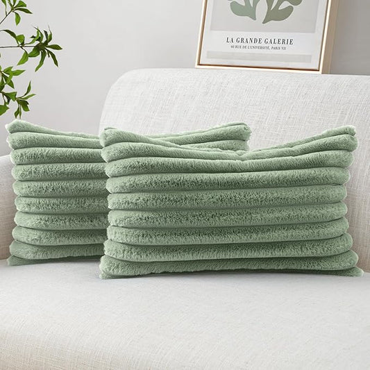 MIULEE Faux Fur Lumbar Decorative Throw Pillow Covers 12x20 Inch Set of 2, Modern Spring Home Decor Soft Plush Couch Pillows Cozy Fluffy Cushion Covers for Sofa Bed Sage Green