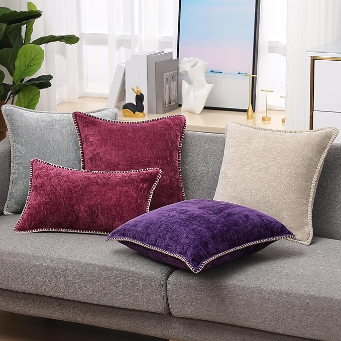 decorUhome Christmas Chenille Soft Throw Pillow Covers 16x16 Set of 2, Farmhouse Velvet Neutral Decorative Euro Pillow Covers with Stitched Edge for Couch Sofa Bed Home Decor, Rhododendron