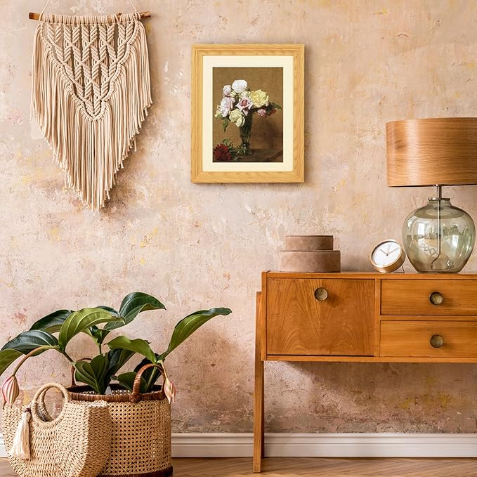 Brivoria Framed Canvas Wall Art Vintage Decor, Colorful Roses in Fluted Vase Autumn Botanical Still Life Print with Warm Brown Background for Entryway Hallway Reading Nook or Rustic Fall Display,13x16