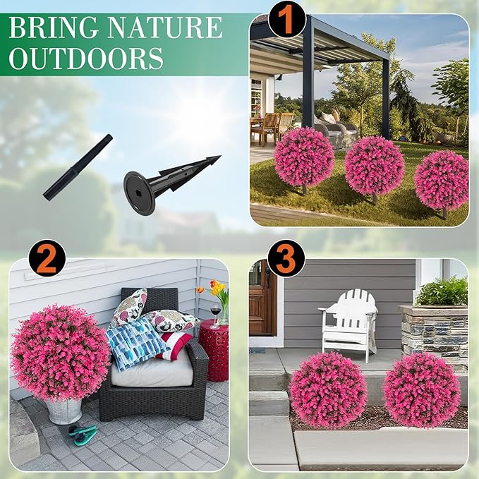 Set of 2 Artificial Pink Boxwood Topiary Ball Bush for Outdoor with Ground Spike 22", UV Resistant Faux Greenery Shrubs, Fake Pink&Green Boxwood Plants for Garden, Yard, Porch, Patio Decor