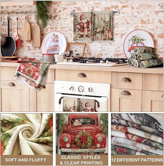 12 Pcs Christmas Kitchen Towels and Dishcloths Absorbent Christmas Tree Reindeer Truck Hand Dish Towels Decoration for Xmas Home Gift Supplies, 14.2 x 21.3 Inch(Vintage Style)