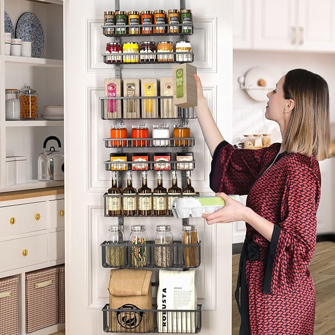 Moforoco Over The Door Pantry Organizer, Pantry Door Organizer Shelves, Kitchen Organizers and Storage, Hanging Basket Wall Spice Rack Seasoning Shelves, Laundry Room Bathroom accessories(Black