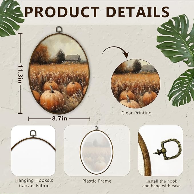 Gnmduw Rustic Fall Pumpkin Oval Wall Art Framed, Vintage Fall Pumpkin Canvas Prints Hanging Decor, Cottagecore Pumpkins Field Wildflower Wall Decor for Farmhouse Living Room Bedroom, 8.7x11.3 In