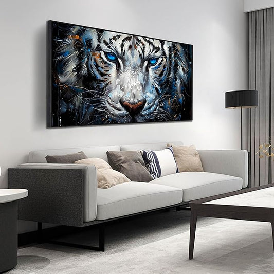 ZHAOSHOP White Tiger Art Wall Decor for Living Room - Black and White Office Decor for Men - Black Framed Canvas Wall Art Size 29" x 59"