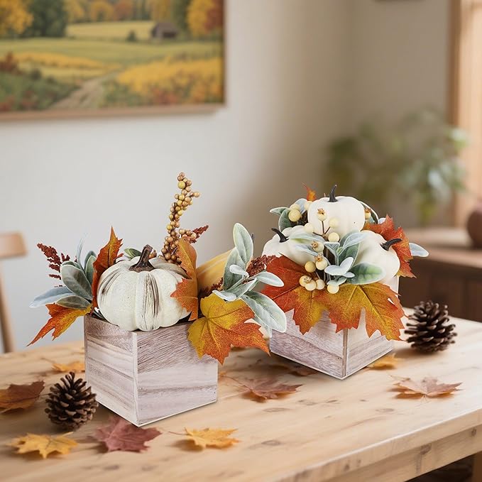 winemana 2 Pack Fall Decorations for Home - Artificial Pumpkin, Gourd, Berries & Leaves in Wood Vase | Autumn Table Centerpiece for Dining, Mantel, Indoors