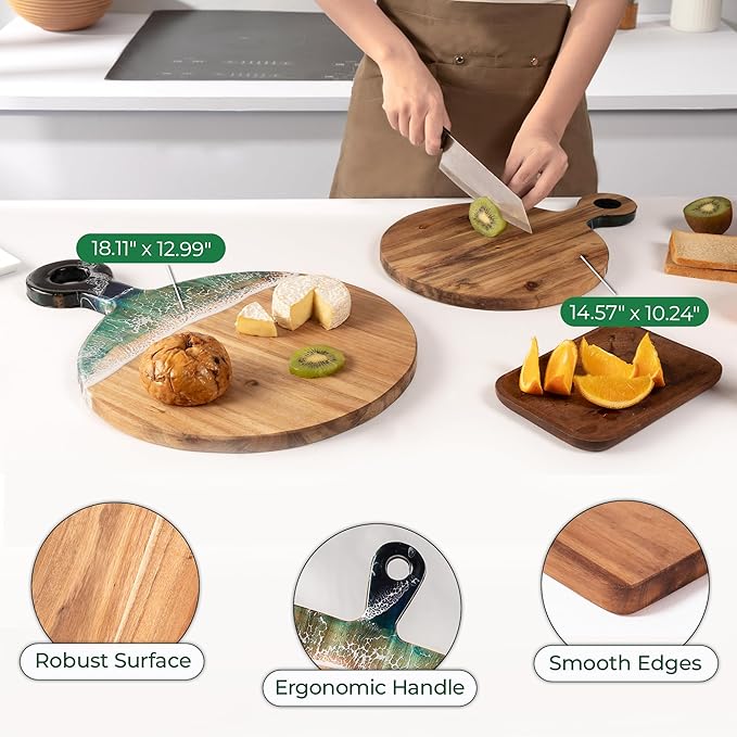 Acacia Wood Cutting Board with Ocean Resin Art, 18.1โx12.9โ, Includes Stand & Loofah, Handcrafted Charcuterie Cheese Board & Serving Platter, Great for Dรฉcor, Housewarming, Weddings (Round)