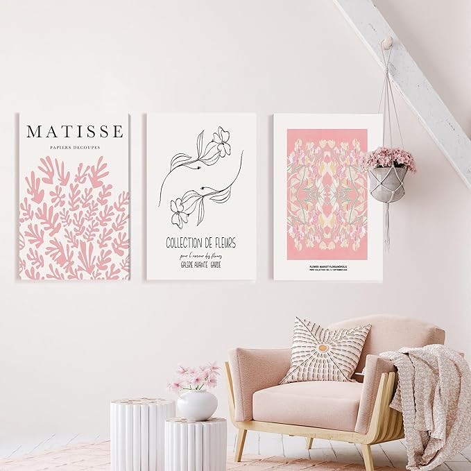 WRFON Pink Matisse Abstract Botanical Canvas Wall Art, Picasso Black Line Floral Poster Prints, Pink Flower Market Modern Elegant Aesthetic Pictures for Living Room Bedroom Framed 16"x24"x3