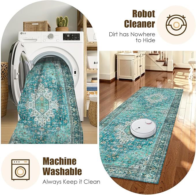 Washable Area Rug 2'6'' x 8' Vintage Traditional Persian Mat - Foldable Distressed Non-Slip Machine Washable Carpet for Living Room Bedroom Kitchen Home Decor - Teal and Gold