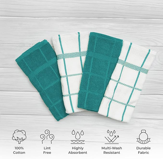 100% Cotton Terry Dish Cloth & Dish Towel (Teal, Dish Towel - 4 Pack)