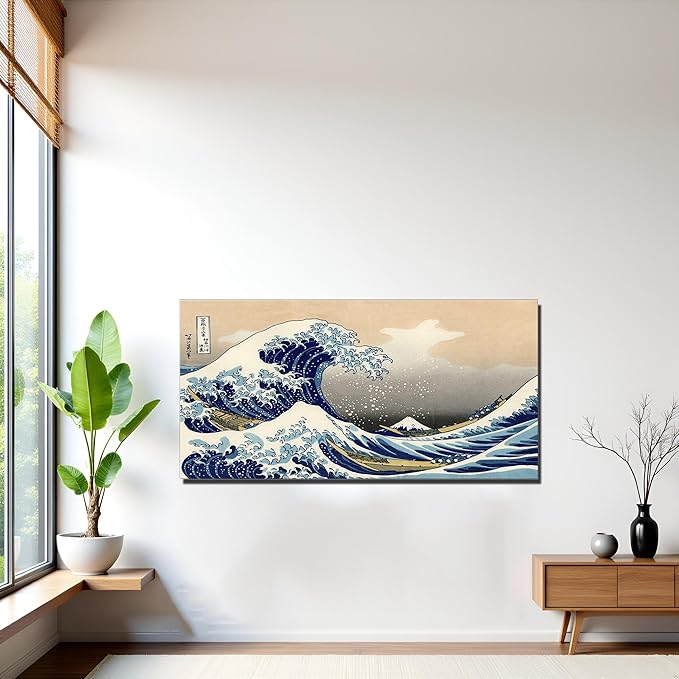 QBQT The Great Wave Off Kanagawa Japanese Famous Painting Prints Home Office Bedroom Decor Large Artwork for Living Room Kitchen Hallway Wall Decor Frame 20x40inch
