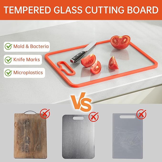 Glass Cutting Board for Kitchen, 2Pcs Tempered Glass Chopping Board with Non-Slip Edges, Dishwasher Safe Clear Cutting Board Set for Countertop, Heat & Shatter Resistant, 15"×11" (Orange)