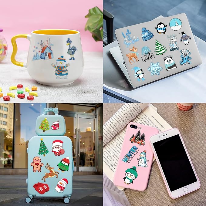 100 PCS Funny Blue Winter Temporary Tattoos Sticker Snowman Birthday Snowflake Christmas Party Decorations Decor Supplies Favors Gifts Girls Boys Baby Showers Cute Fake Tattoos Classroom Reward Themed